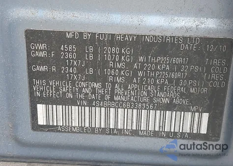 2011 Subaru Outback 2.5I Premium из США, поврежденный, VIN 4S4BRBCC6B3383567